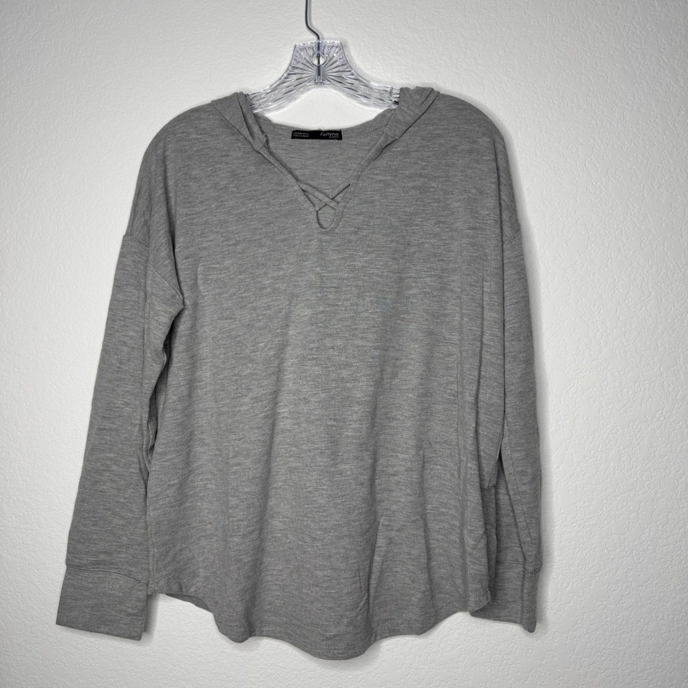 Femme by Tresics Gray Trellis‎ V-Neck Long Sleeve Hoodie Shirt Womens Size M